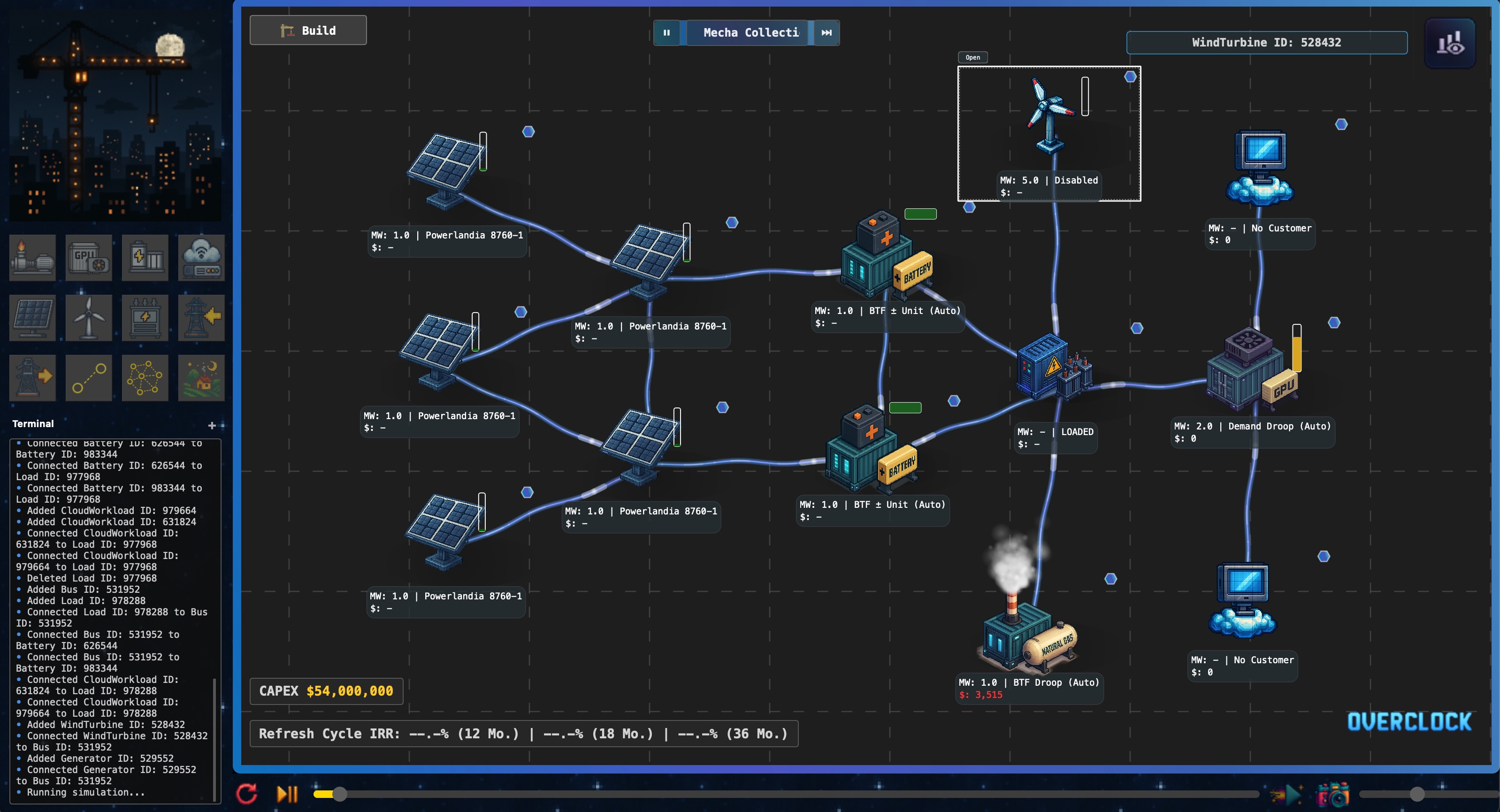 OVERCLOCK canvas showing node-based power and compute network with Generator, Battery, Grid Import/Export, Bus, Load, and Cloud Workload